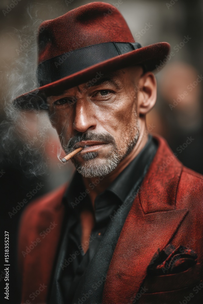 Stylish man in red suit and hat smokes a cigarette outdoors during an urban event in the evening Stylish man in red suit and hat smokes a cigarette outdoors during an urban event in the evening