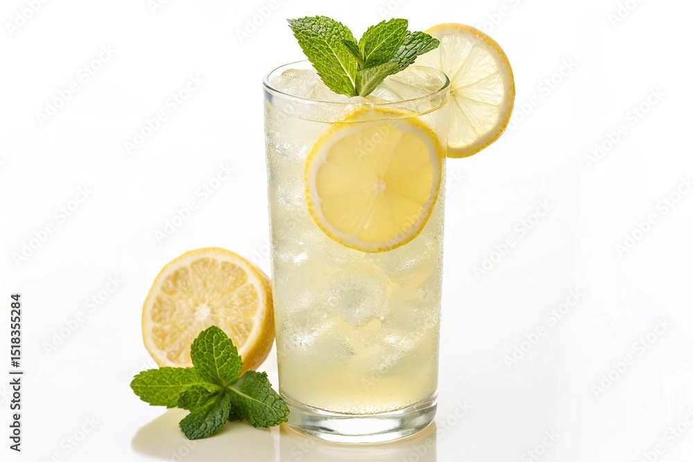Fototapeta premium Cocktail with lemon and mint on a white background, isolated