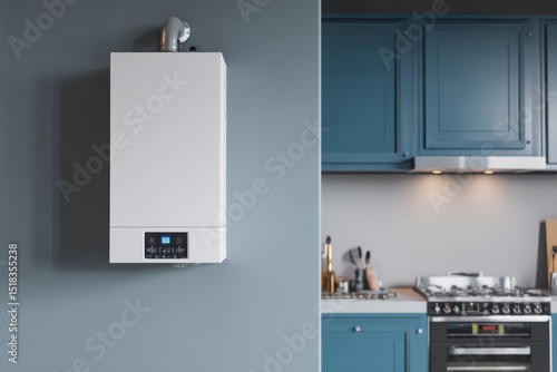Modern kitchen features a wall-mounted boiler and sleek cabinetry in a stylish home setting during daytime hours