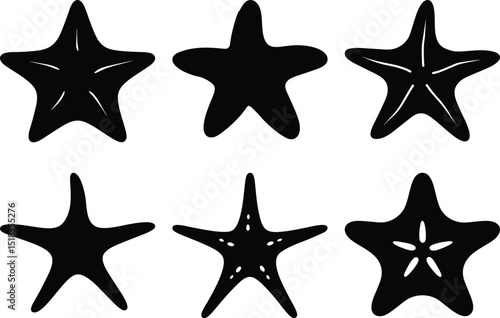 Six unique black starfish silhouettes in a pattern against a white background