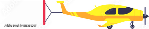 Side view of a yellow and orange light aircraft flying with a v tail, featuring two dark tinted windows, a propeller, landing gear and orange stripes on the tail and wings