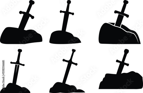 A Compilation of Sword in the Stone Black Silhouettes with Varied Angles