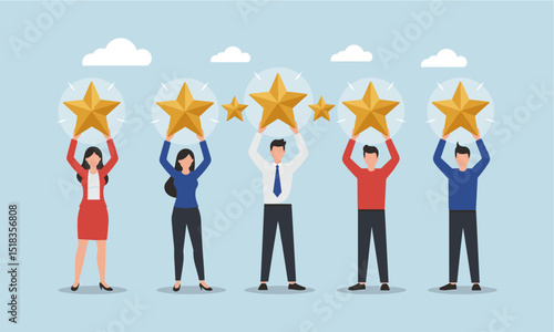 Flat Vector Of five people holding up five golden stars against a light blue sky background, symbolizing customer reviews, rating, or achievement