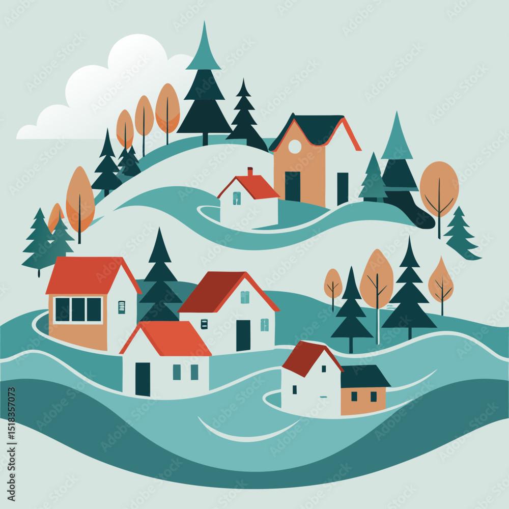 Small village on rolling hills with trees and houses Small village on rolling hills with trees and houses