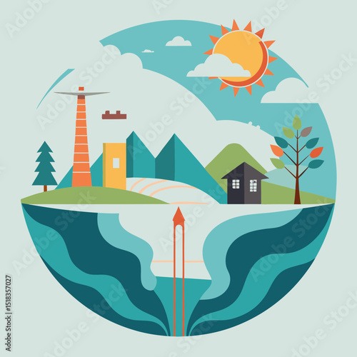 Geothermal energy illustration with houses and mountains