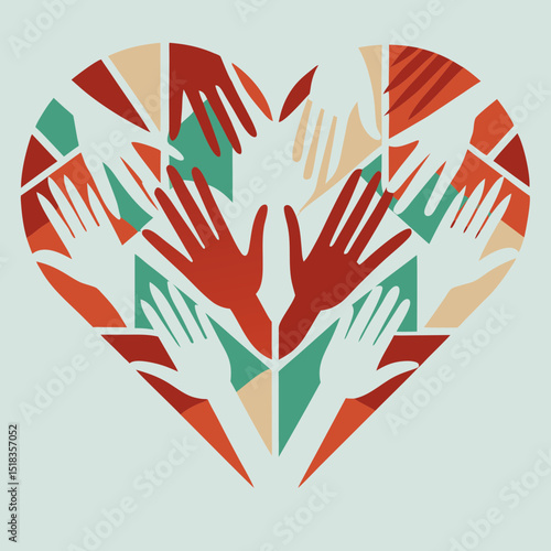 Heart symbol formed by multicolored helping hands