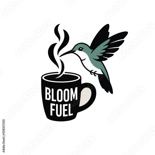  t shirt design of A dainty hummingbird sipping from a steaming mug that says “Bloom Fuel