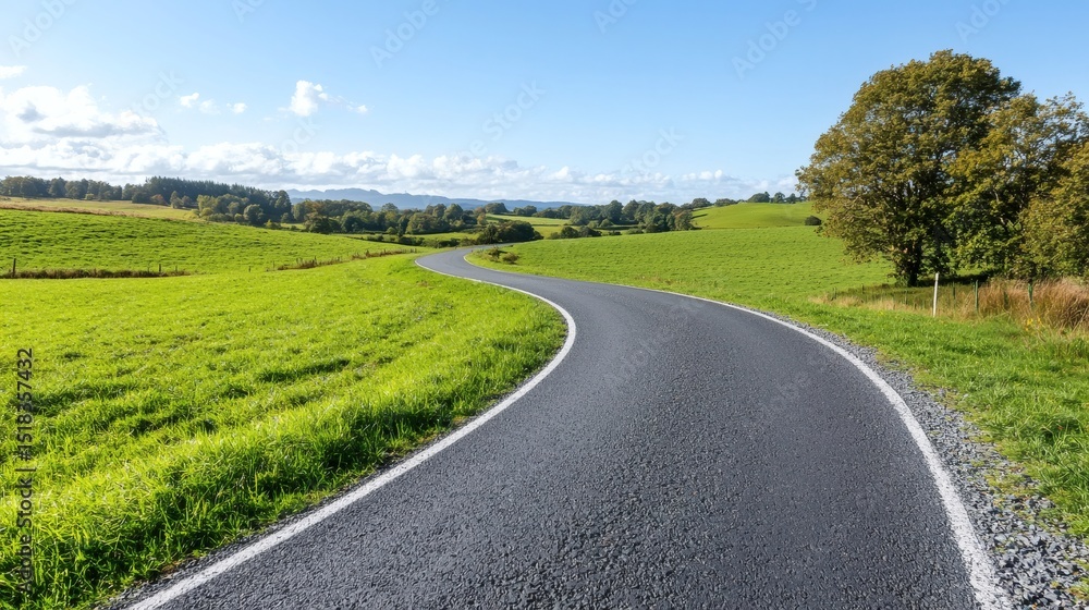 Fototapeta premium Winding Country Road, Green Fields, Sunny Day