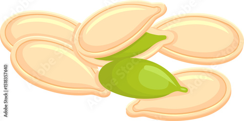 Pumpkin seed surrounded by its shells, isolated on a white background, showing its bright green color and smooth texture, perfect for healthy snacking or adding to recipes