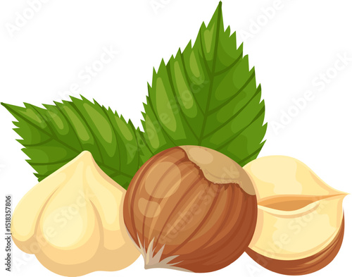 Composition of hazelnuts featuring whole nuts, kernels, and vibrant green leaves, creating an appealing arrangement that highlights their natural beauty and nutritional value