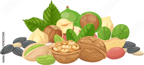 Offering a vibrant assortment of nuts and seeds, featuring walnuts, hazelnuts, pistachios, and more, creating a colorful and nutritious mix that supports a balanced diet