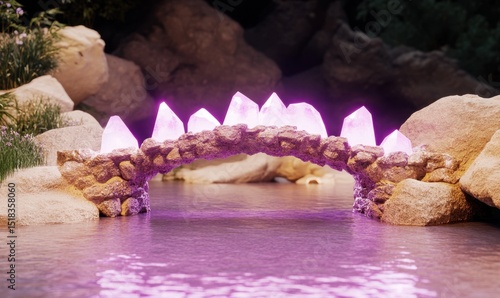 Glowing Crystal Bridge over Calm River in Forest