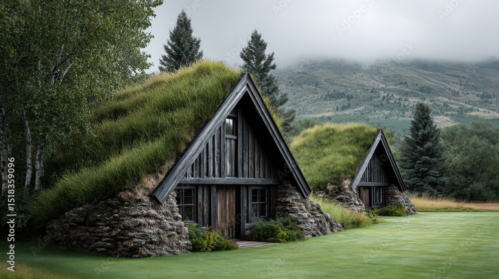 Fototapeta premium Unique grass-roofed cabins nestled in a scenic landscape under a cloudy sky in the mountains at dawn