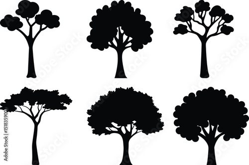 Various Silhouette Tree Illustrations on White Background for Nature Designs