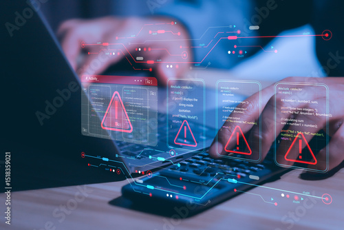 Businessman working on laptop computer at office with exclamation alarm caution warning notification mark sign, computer virus detected, personal data protection, network security concept