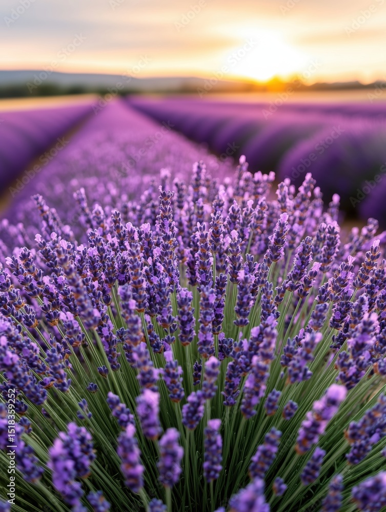 Obraz premium Blooming lavender field at sunset with vibrant colors