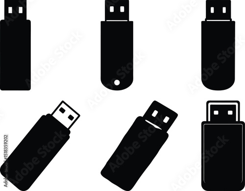Collection of USB flash drive vector icons in varying styles and orientations
