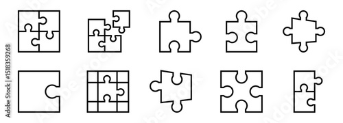 Conjunto de iconos de piezas de rompecabezas. Solución estratégica, entretenimiento, conexión entre elementos. Ilustración vectorial