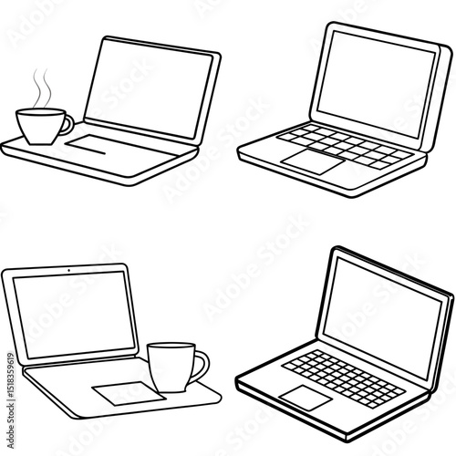 Vector set of laptops with coffee for remote work and digital lifestyle branding