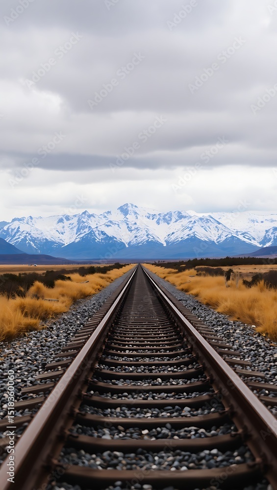 Fototapeta premium Train Tracks Leading to Majestic Snow-Capped Mountains A Journey Awaits