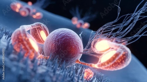 Cellular interactions illustrative of endometriosis, depicting ectopic cells or lesions on tissue