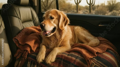 Golden retriever dog relaxing on a blanket in the back seat of a car with desert landscape outside
