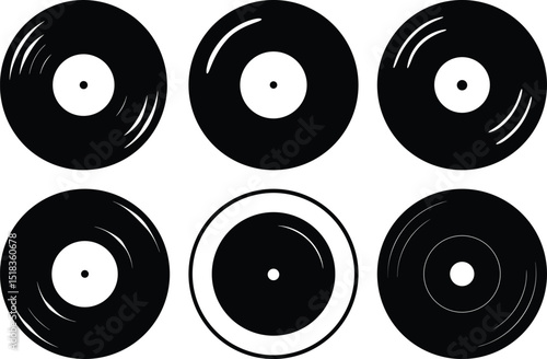 Retro Music Collection Six Vinyl Record Graphic Icons In Black and White