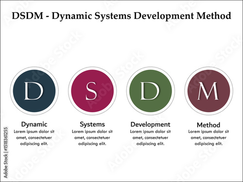 DSDM - Dynamic Systems Development Method acronym. Infographic template with icons and description placeholder