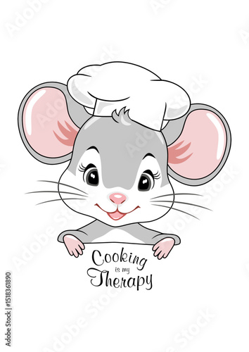Cute peeking baby mouse in cook hat. Cooking is my therapy