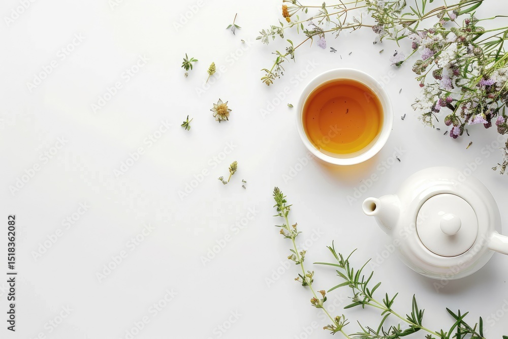 Sharp Image of High Angle View of Herbal Tea with Teapot on White Background Sharp Image of High Angle View of Herbal Tea with Teapot on White Background