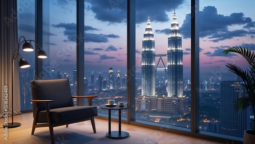 Modern apartment interior with illuminated petronas towers and city skyline at dusk