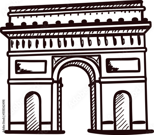 Hand drawn arc de triomphe monument sketch isolated on white parisian arch illustration in vintage engraved