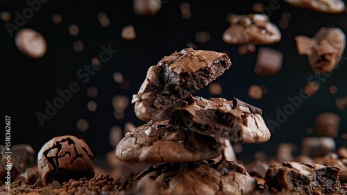 Delicious chocolate cookies levitating with chocolate chunks on a dark background, studio shot