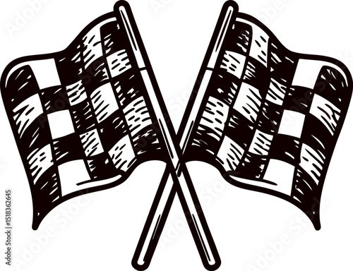 Hand drawn crossed checkered flags isolated on white background racing competition sketch illustration