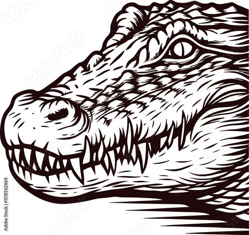 Detailed black and white alligator head illustration with sharp teeth and textured skin in vintage engraving