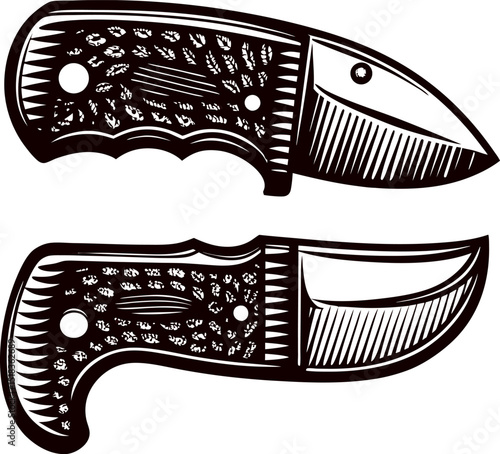 Vintage engraved folding pocket knife illustration with detailed handle and blade, isolated on white background