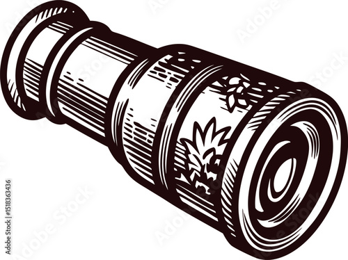 Antique engraved spyglass illustration with decorative floral carvings isolated on white background