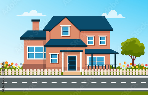 Exterior of the residential house, front view. Modern house on a street in summer in flat style. House for sale. Vector stock