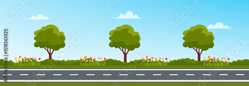 Straight empty road through the countryside. Cartoon landscape view with  asphalt road background. Vector stock