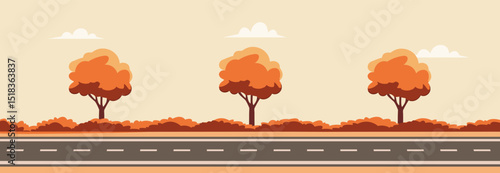 Straight empty road through the countryside. Cartoon landscape view with  asphalt road background. Vector stock