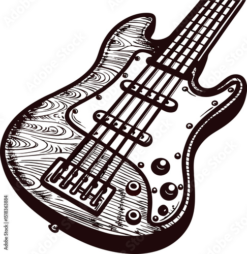 Hand drawn electric bass guitar illustration with wood texture and vintage engraving details
