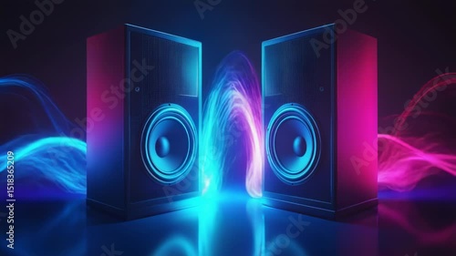 Two speakers with neon light trails in a dark room, creating a vibrant and modern audio visual