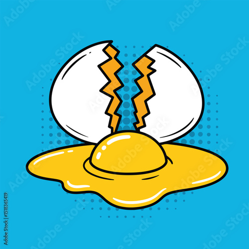 cracked egg pop art vector symbol on cyan halftone background