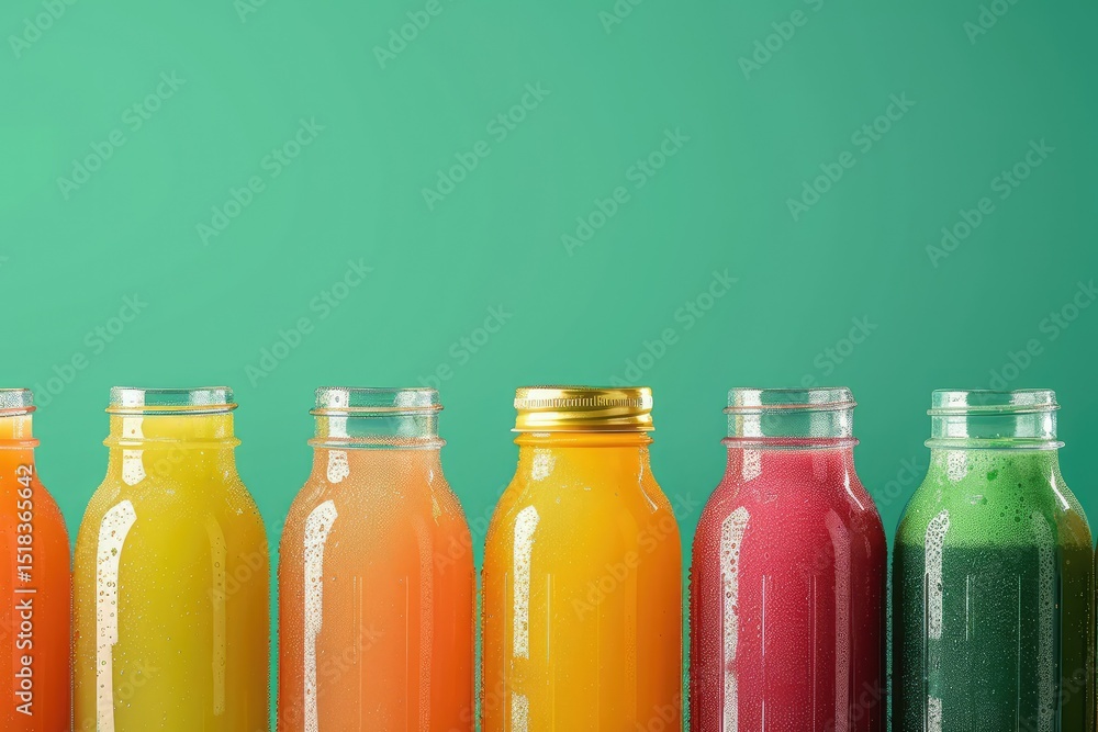 A Group of Different Juices with Different Colors and a Green Background A Group of Different Juices with Different Colors and a Green Background