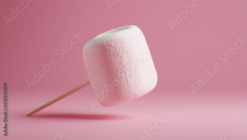 Marshmallow on stick over pink background