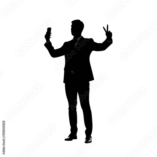 Businessman Taking Selfie Silhouette Vector, Man Holding Phone with Peace Sign, Black and White Selfie Pose Clipart, Professional Male Shadow Illustration for Design and Print