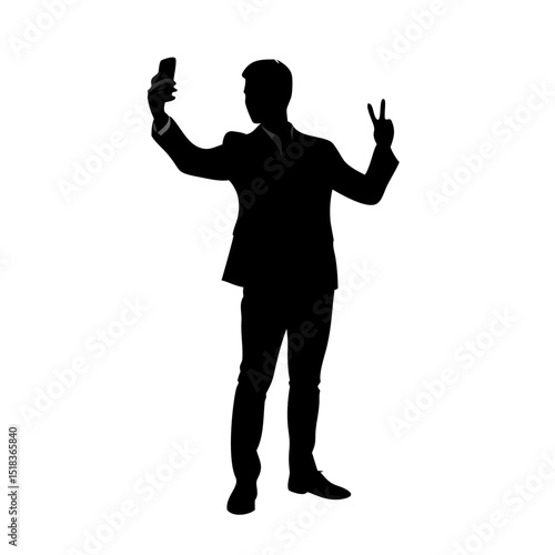 Businessman Taking Selfie Silhouette Vector, Man Holding Phone with Peace Sign, Black and White Selfie Pose Clipart, Professional Male Shadow Illustration for Design and Print
