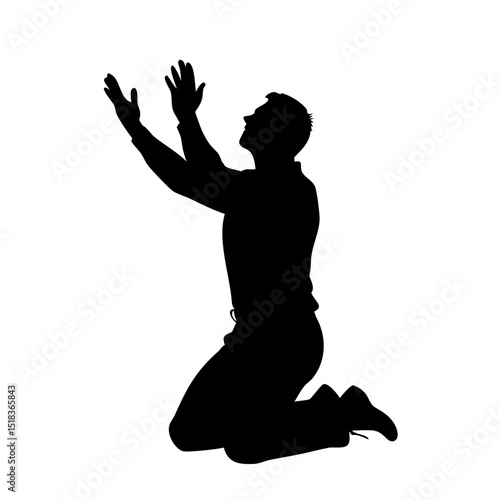 Silhouette of Child Kneeling in Prayer, Praying Kid Vector Art, Religious Worship Pose Clipart, Faithful Youth Shadow Illustration, Spiritual Devotion Figure for Inspirational Design

