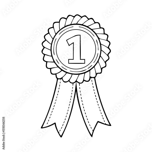 Number 1 Ribbon Outline Vector, First Place Award Badge Clipart, Winner Medal Black and White, Printable Champion Rosette Line Art for Certificates, Contests, and Recognition Designs