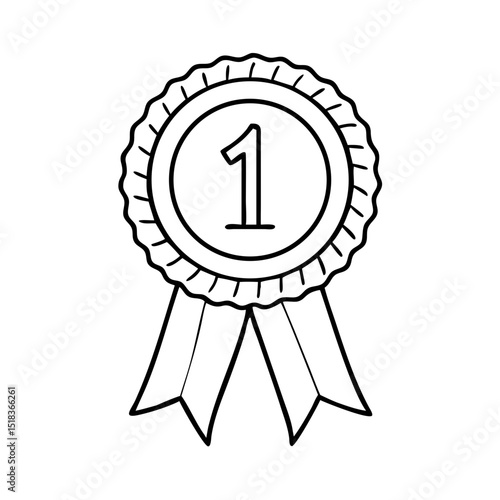 Number 1 Ribbon Outline Vector, First Place Award Badge Clipart, Winner Medal Black and White, Printable Champion Rosette Line Art for Certificates, Contests, and Recognition Designs